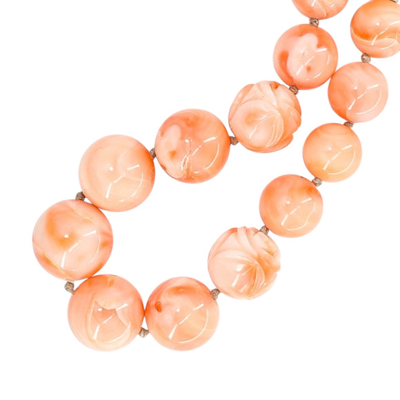 Salmon Pink Peach Momo Coral Necklace - New Strung w NOS Beads - 40g 18” - Picture 11 of 11
